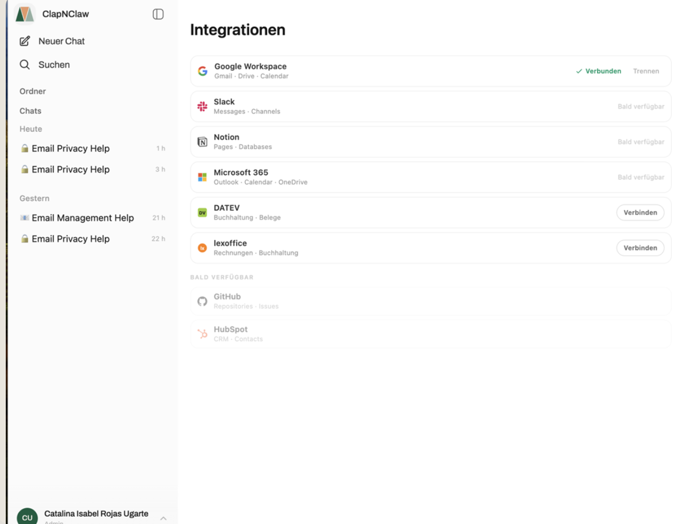ClapNClaw Integrationen — Google Workspace, DATEV, lexoffice, Slack, Notion